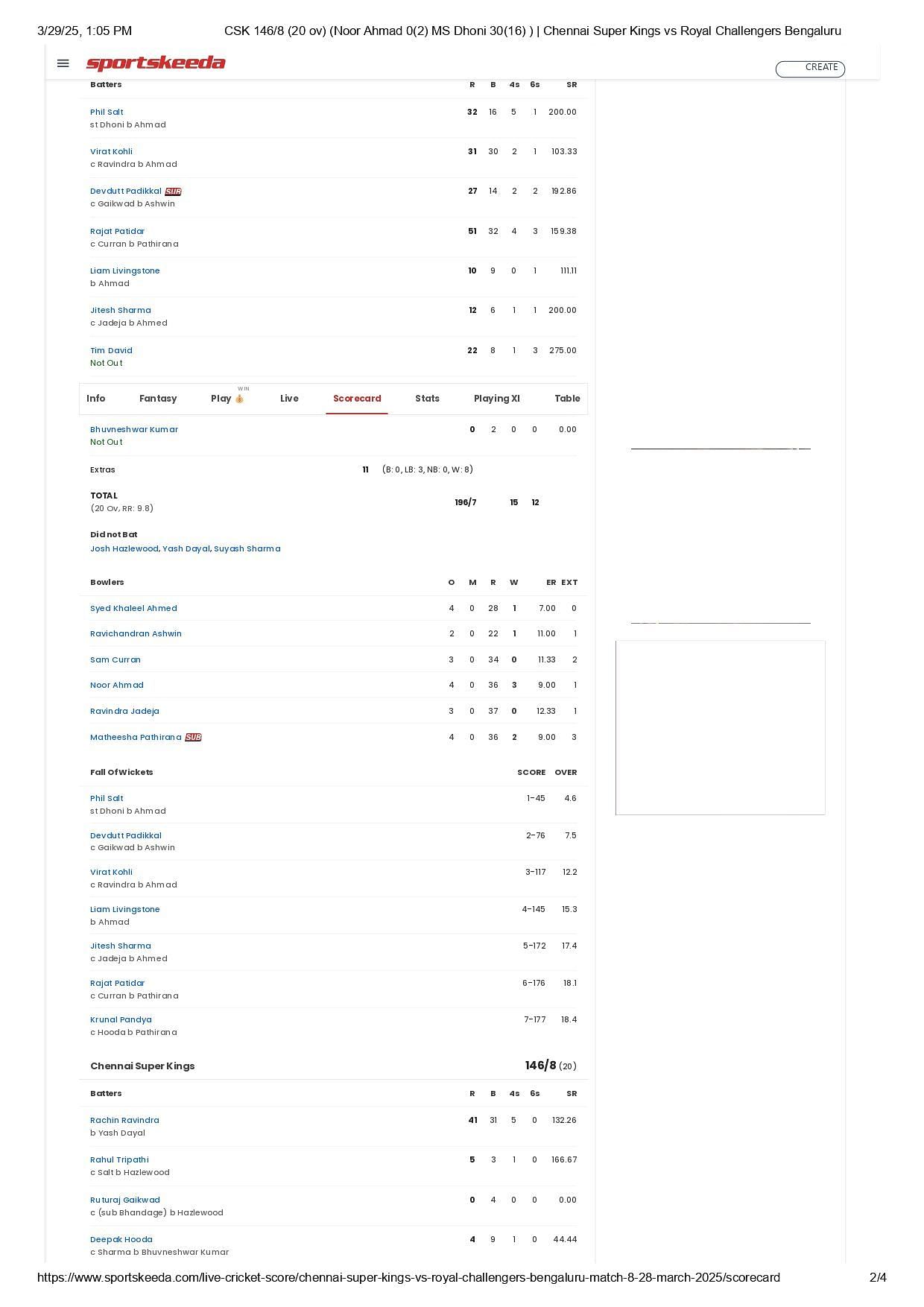 CSK vs RCB IPL 2025 scorecard.